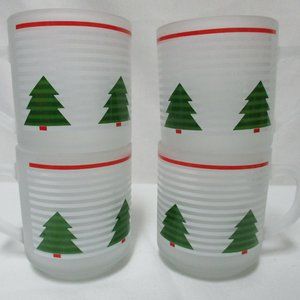 Luminarc Vintage Christmas Frosted Cups Mugs w/ Trees red white green Set 4 NEW